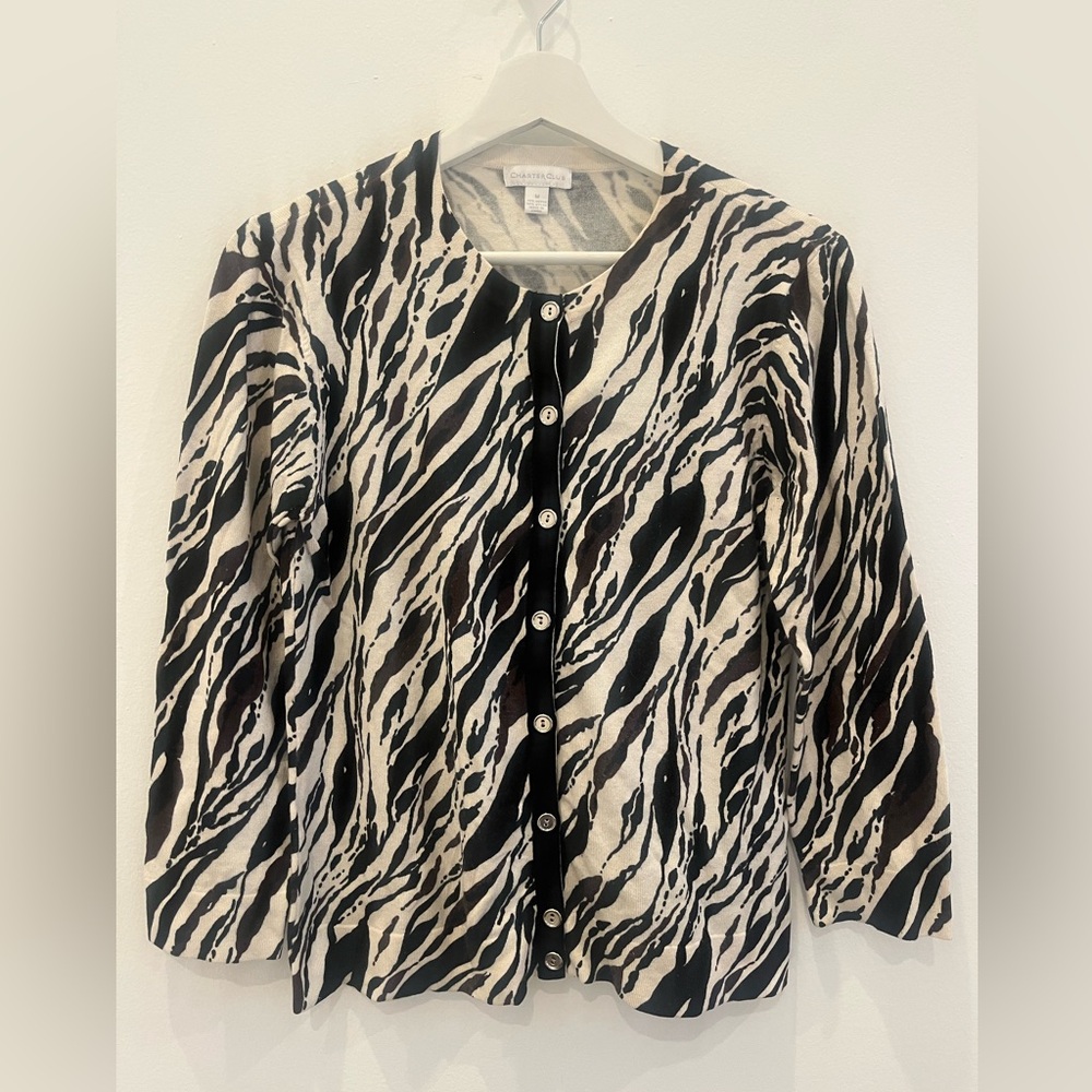 Charter Club Size M Indigo Black Cream Animal Print Cardigan Sweater Career